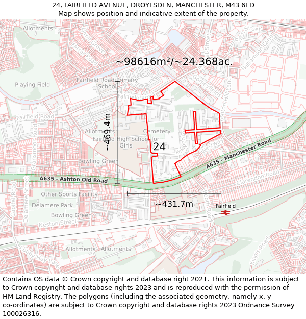 24, FAIRFIELD AVENUE, DROYLSDEN, MANCHESTER, M43 6ED: Plot and title map