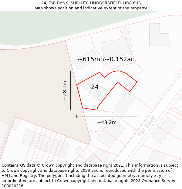 24, FAR BANK, SHELLEY, HUDDERSFIELD, HD8 8HS: Plot and title map