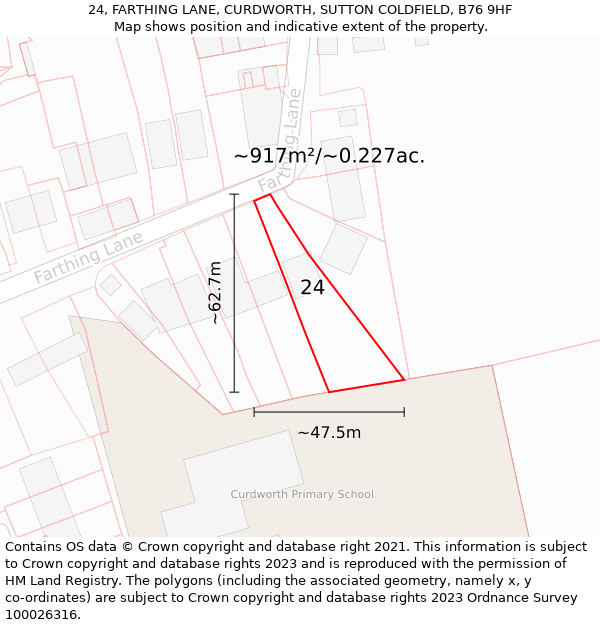 24, FARTHING LANE, CURDWORTH, SUTTON COLDFIELD, B76 9HF: Plot and title map