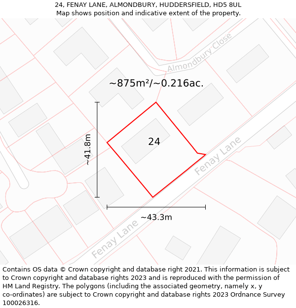 24, FENAY LANE, ALMONDBURY, HUDDERSFIELD, HD5 8UL: Plot and title map