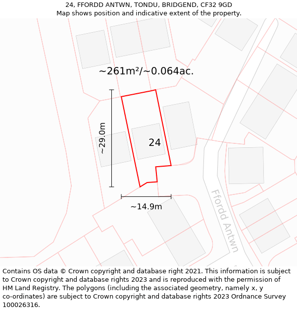 24, FFORDD ANTWN, TONDU, BRIDGEND, CF32 9GD: Plot and title map