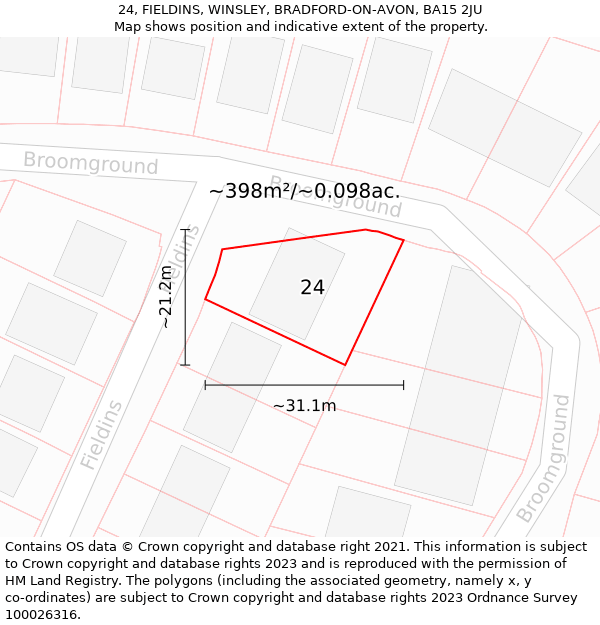 24, FIELDINS, WINSLEY, BRADFORD-ON-AVON, BA15 2JU: Plot and title map