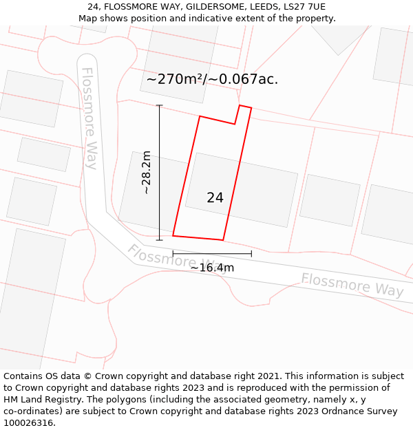 24, FLOSSMORE WAY, GILDERSOME, LEEDS, LS27 7UE: Plot and title map