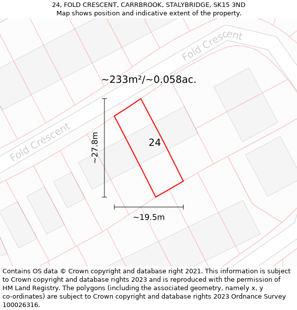 24, FOLD CRESCENT, CARRBROOK, STALYBRIDGE, SK15 3ND: Plot and title map