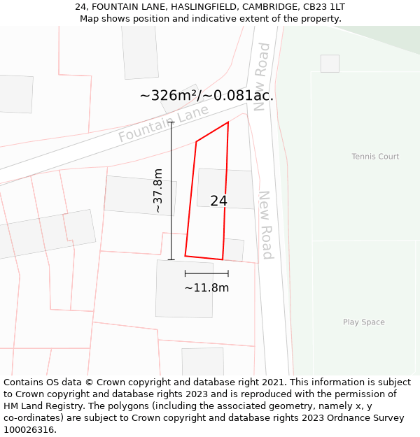 24, FOUNTAIN LANE, HASLINGFIELD, CAMBRIDGE, CB23 1LT: Plot and title map