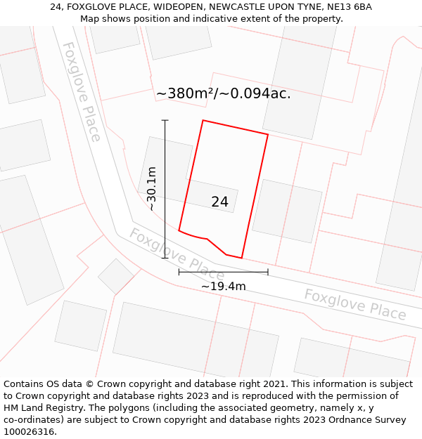 24, FOXGLOVE PLACE, WIDEOPEN, NEWCASTLE UPON TYNE, NE13 6BA: Plot and title map