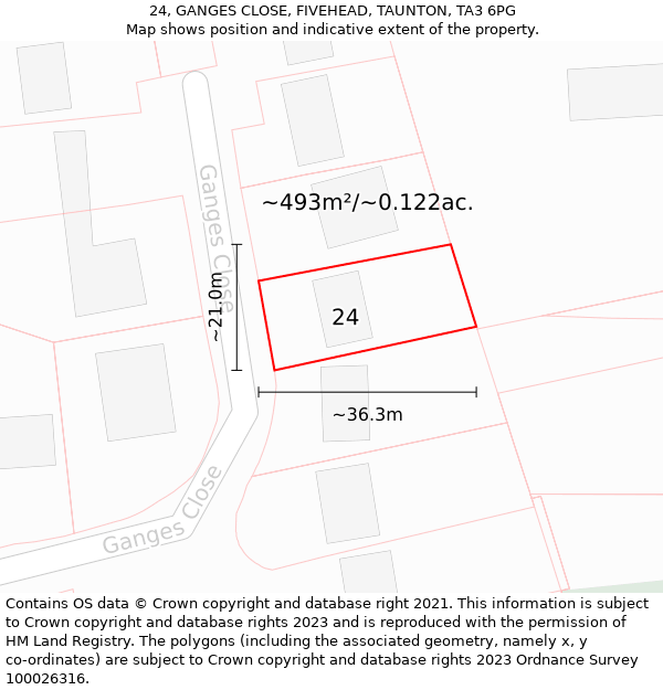 24, GANGES CLOSE, FIVEHEAD, TAUNTON, TA3 6PG: Plot and title map