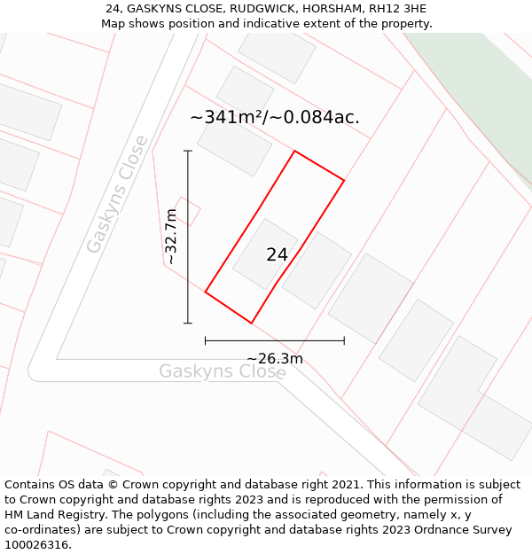 24, GASKYNS CLOSE, RUDGWICK, HORSHAM, RH12 3HE: Plot and title map