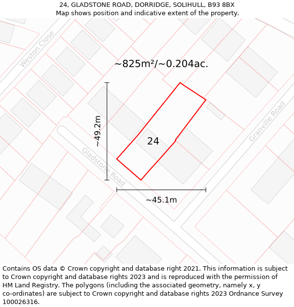 24, GLADSTONE ROAD, DORRIDGE, SOLIHULL, B93 8BX: Plot and title map