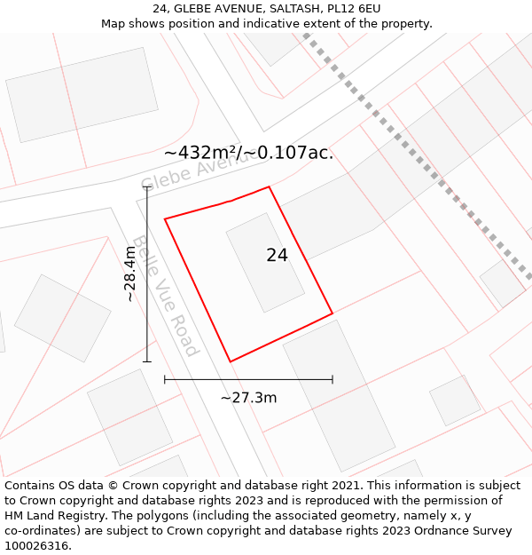 24, GLEBE AVENUE, SALTASH, PL12 6EU: Plot and title map