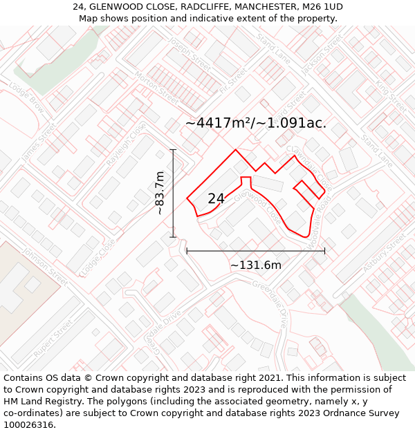 24, GLENWOOD CLOSE, RADCLIFFE, MANCHESTER, M26 1UD: Plot and title map