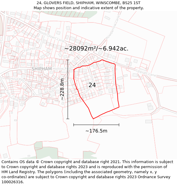 24, GLOVERS FIELD, SHIPHAM, WINSCOMBE, BS25 1ST: Plot and title map