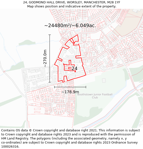 24, GODMOND HALL DRIVE, WORSLEY, MANCHESTER, M28 1YF: Plot and title map