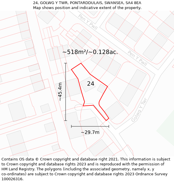 24, GOLWG Y TWR, PONTARDDULAIS, SWANSEA, SA4 8EA: Plot and title map