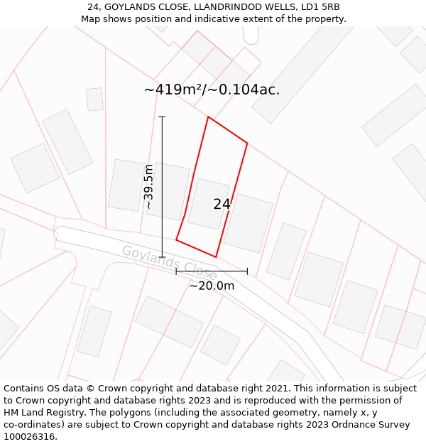 24, GOYLANDS CLOSE, LLANDRINDOD WELLS, LD1 5RB: Plot and title map