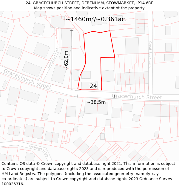 24, GRACECHURCH STREET, DEBENHAM, STOWMARKET, IP14 6RE: Plot and title map