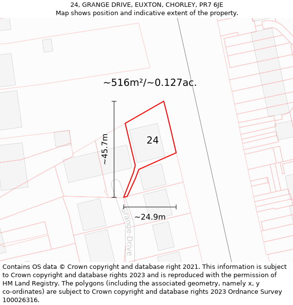 24, GRANGE DRIVE, EUXTON, CHORLEY, PR7 6JE: Plot and title map