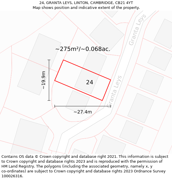 24, GRANTA LEYS, LINTON, CAMBRIDGE, CB21 4YT: Plot and title map