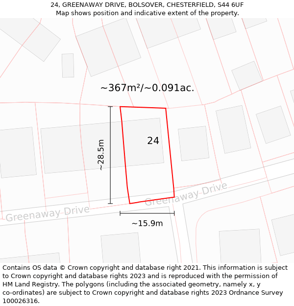 24, GREENAWAY DRIVE, BOLSOVER, CHESTERFIELD, S44 6UF: Plot and title map