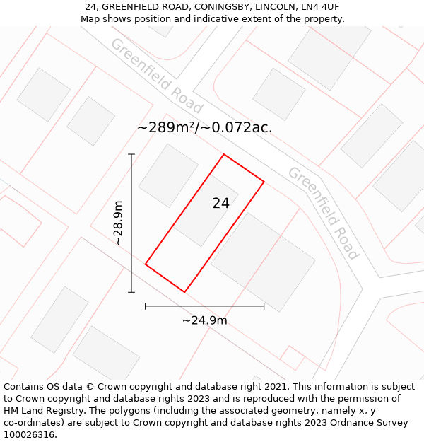 24, GREENFIELD ROAD, CONINGSBY, LINCOLN, LN4 4UF: Plot and title map