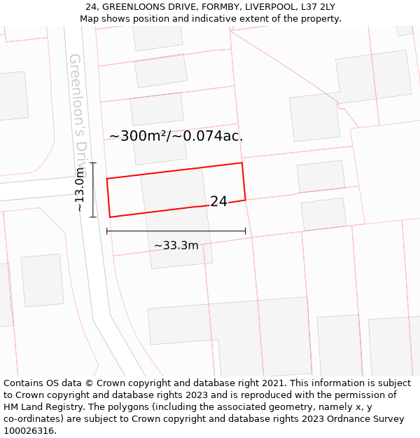 24, GREENLOONS DRIVE, FORMBY, LIVERPOOL, L37 2LY: Plot and title map