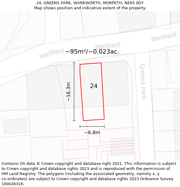 24, GREENS PARK, WARKWORTH, MORPETH, NE65 0GY: Plot and title map