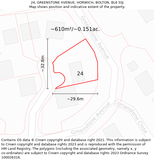 24, GREENSTONE AVENUE, HORWICH, BOLTON, BL6 5SJ: Plot and title map