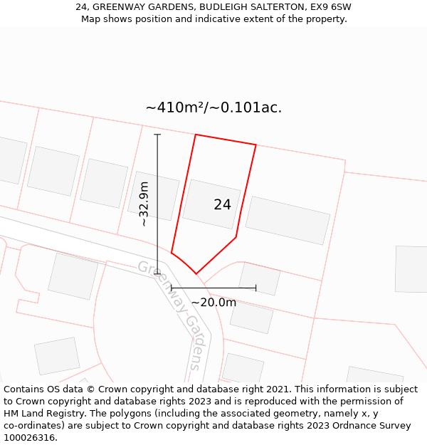 24, GREENWAY GARDENS, BUDLEIGH SALTERTON, EX9 6SW: Plot and title map