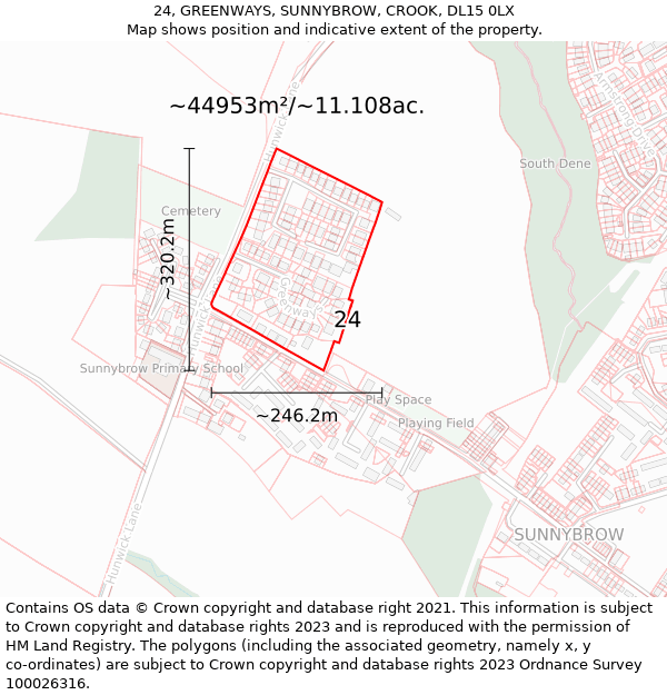 24, GREENWAYS, SUNNYBROW, CROOK, DL15 0LX: Plot and title map