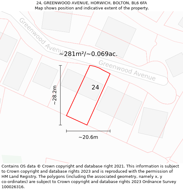 24, GREENWOOD AVENUE, HORWICH, BOLTON, BL6 6FA: Plot and title map