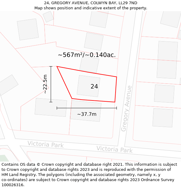24, GREGORY AVENUE, COLWYN BAY, LL29 7ND: Plot and title map