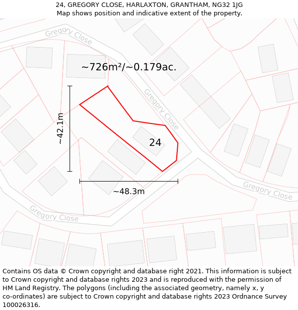 24, GREGORY CLOSE, HARLAXTON, GRANTHAM, NG32 1JG: Plot and title map