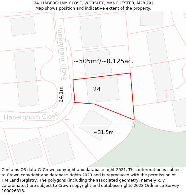 24, HABERGHAM CLOSE, WORSLEY, MANCHESTER, M28 7XJ: Plot and title map