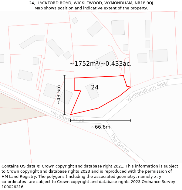 24, HACKFORD ROAD, WICKLEWOOD, WYMONDHAM, NR18 9QJ: Plot and title map