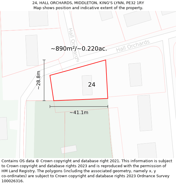 24, HALL ORCHARDS, MIDDLETON, KING'S LYNN, PE32 1RY: Plot and title map