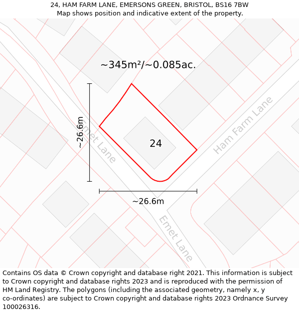 24, HAM FARM LANE, EMERSONS GREEN, BRISTOL, BS16 7BW: Plot and title map