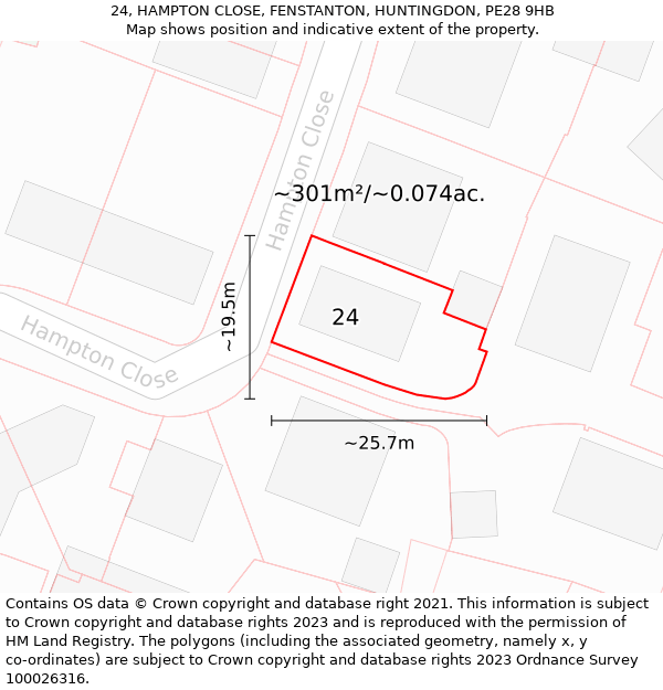 24, HAMPTON CLOSE, FENSTANTON, HUNTINGDON, PE28 9HB: Plot and title map