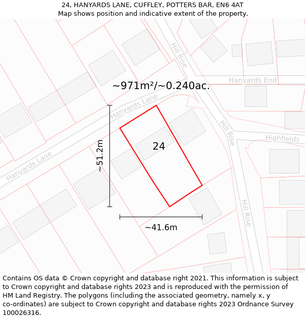 24, HANYARDS LANE, CUFFLEY, POTTERS BAR, EN6 4AT: Plot and title map