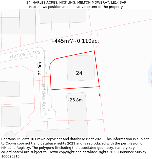 24, HARLES ACRES, HICKLING, MELTON MOWBRAY, LE14 3AF: Plot and title map