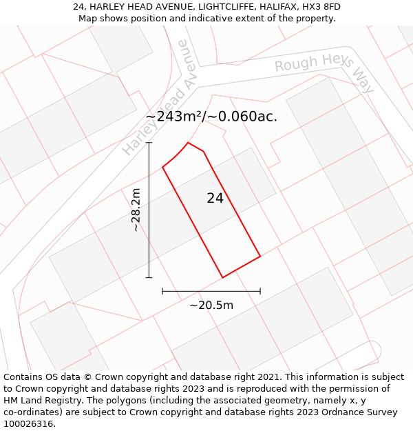 24, HARLEY HEAD AVENUE, LIGHTCLIFFE, HALIFAX, HX3 8FD: Plot and title map