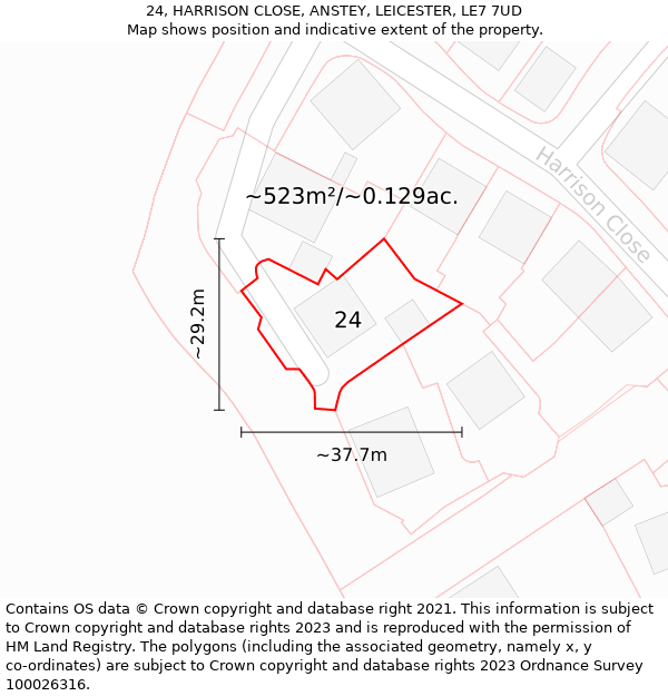 24, HARRISON CLOSE, ANSTEY, LEICESTER, LE7 7UD: Plot and title map