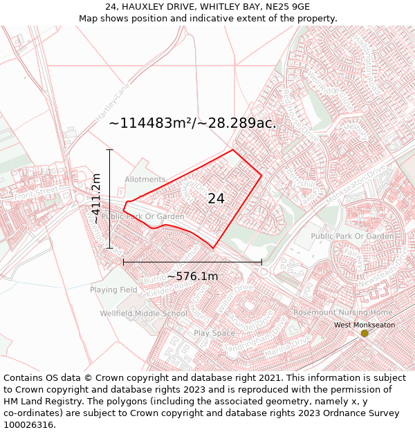 24, HAUXLEY DRIVE, WHITLEY BAY, NE25 9GE: Plot and title map