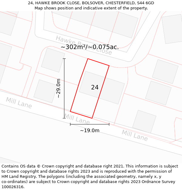 24, HAWKE BROOK CLOSE, BOLSOVER, CHESTERFIELD, S44 6GD: Plot and title map