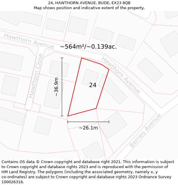 24, HAWTHORN AVENUE, BUDE, EX23 8QB: Plot and title map