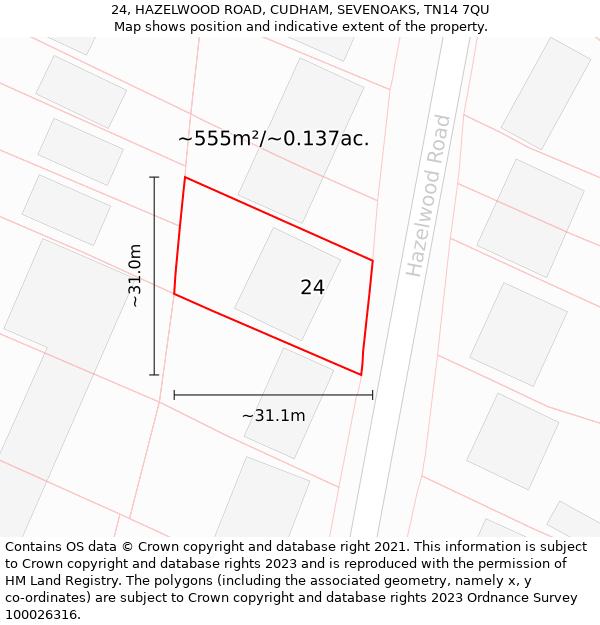 24, HAZELWOOD ROAD, CUDHAM, SEVENOAKS, TN14 7QU: Plot and title map