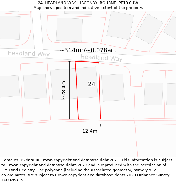 24, HEADLAND WAY, HACONBY, BOURNE, PE10 0UW: Plot and title map