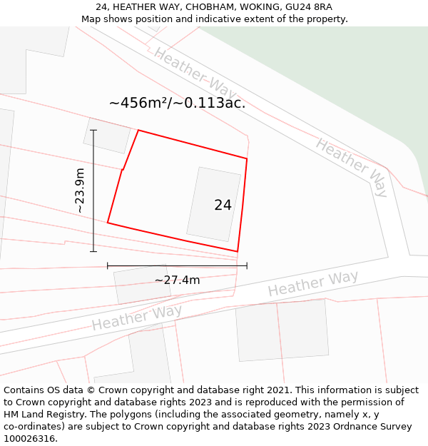 24, HEATHER WAY, CHOBHAM, WOKING, GU24 8RA: Plot and title map