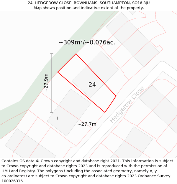 24, HEDGEROW CLOSE, ROWNHAMS, SOUTHAMPTON, SO16 8JU: Plot and title map