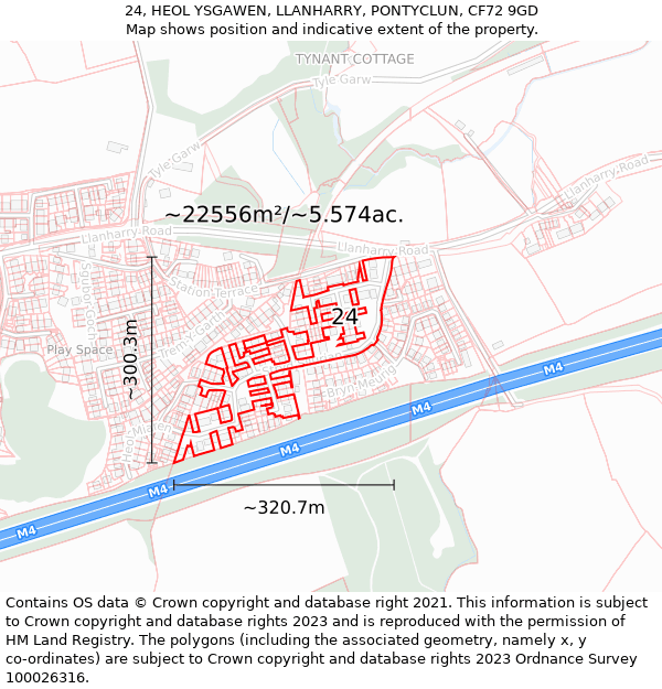 24, HEOL YSGAWEN, LLANHARRY, PONTYCLUN, CF72 9GD: Plot and title map