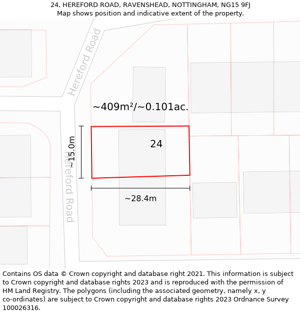 24, HEREFORD ROAD, RAVENSHEAD, NOTTINGHAM, NG15 9FJ: Plot and title map